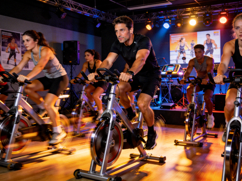 动感单车课程，学员在教练带领下进行室内骑行