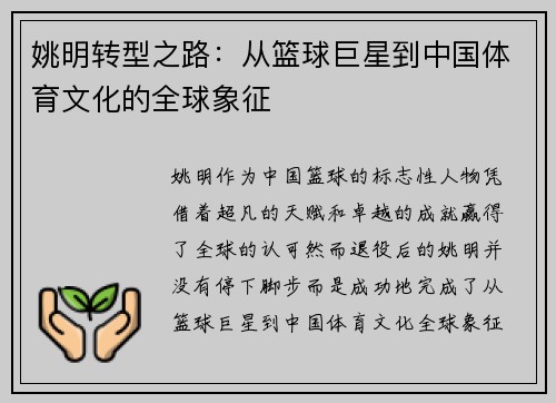 姚明转型之路：从篮球巨星到中国体育文化的全球象征